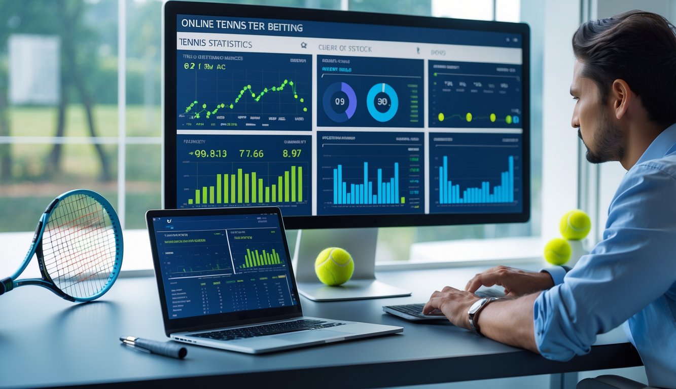 Seorang profesional sedang menganalisis statistik pemain tenis di ruang kerja dengan komputer dan perangkat digital.
