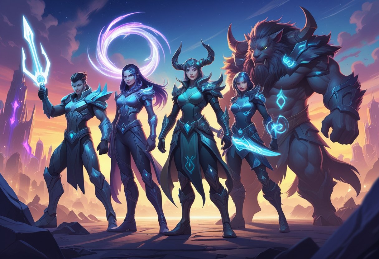 A group of five diverse fantasy heroes with unique powers standing together on a battlefield with a futuristic city in the background.
