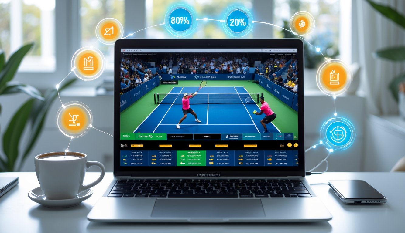 Seorang pengguna duduk di depan laptop yang menampilkan pertandingan tenis secara langsung dengan ikon bonus dan promosi digital di sekitarnya.