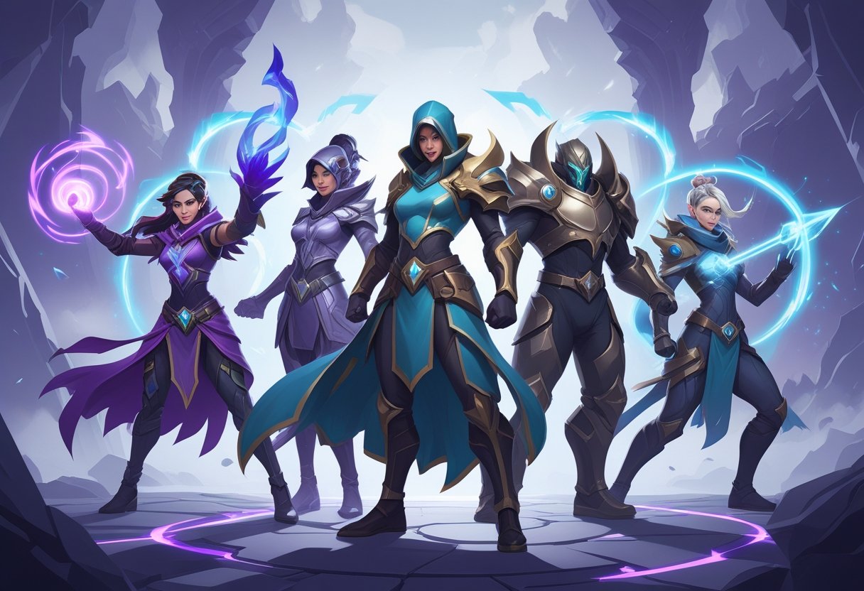Five diverse fantasy characters in dynamic poses set against a magical and futuristic landscape, representing new champions from a popular video game.