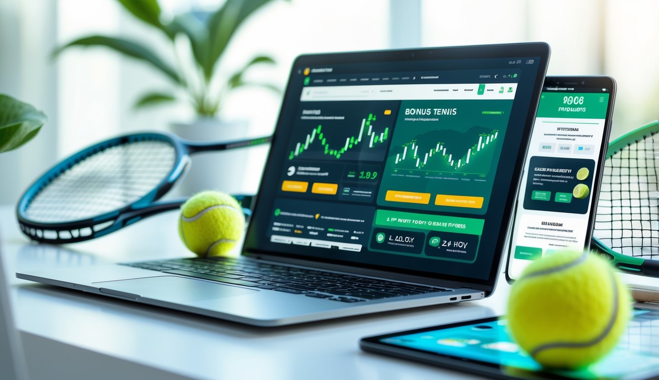 Sebuah ruang kerja modern dengan laptop dan perlengkapan tenis yang menggambarkan taruhan tenis online dan bonus promosi.