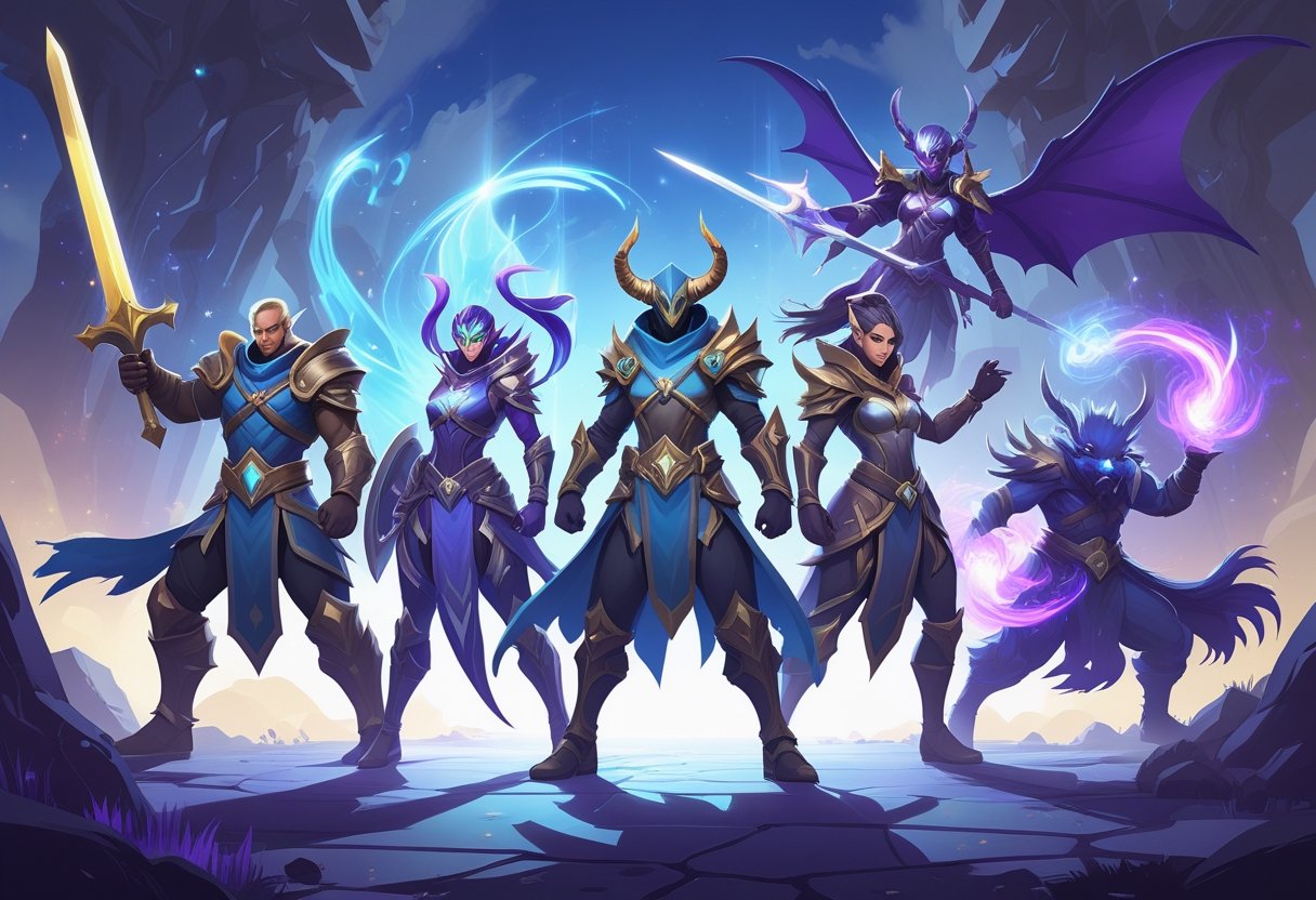A group of diverse fantasy characters standing together on a mystical battleground, each displaying unique weapons and magical powers.