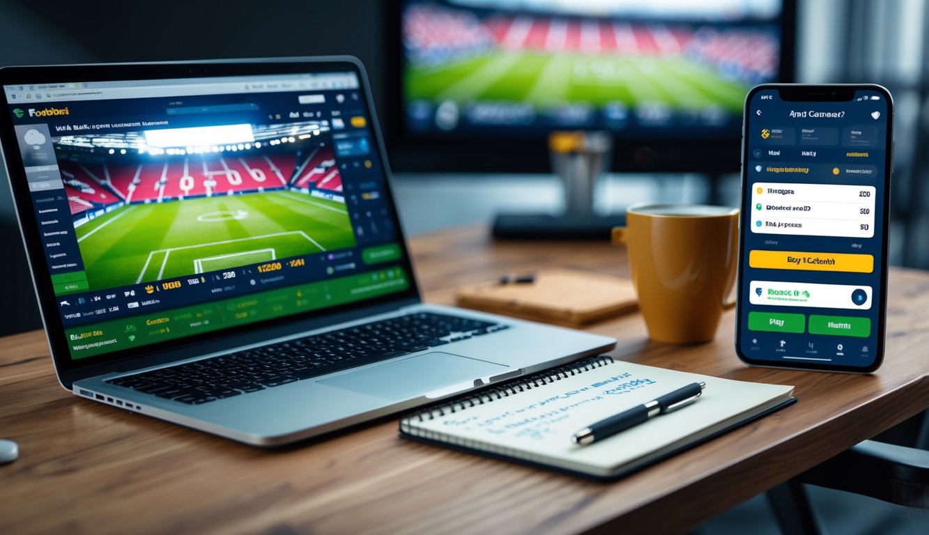 Meja kerja dengan laptop yang menampilkan pertandingan sepak bola dan statistik taruhan, ponsel dengan aplikasi taruhan, kopi, dan catatan di atas meja.