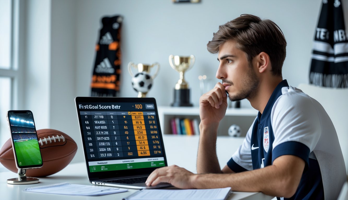 Seorang pria muda duduk di meja dengan laptop dan catatan, fokus menganalisis statistik sepak bola untuk strategi taruhan pencetak gol pertama.