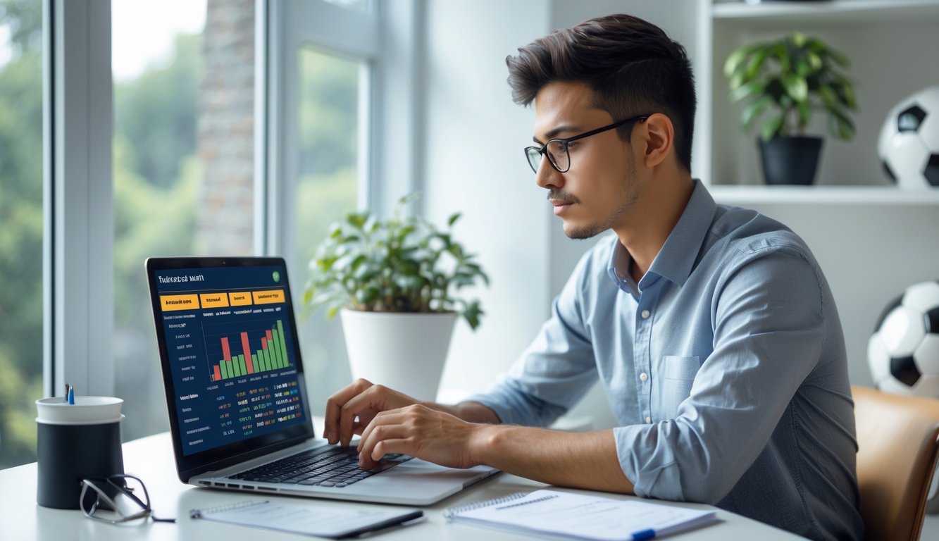 Seorang pria muda sedang duduk di meja dengan laptop dan catatan, mempelajari strategi taruhan pencetak gol pertama dalam sepak bola.