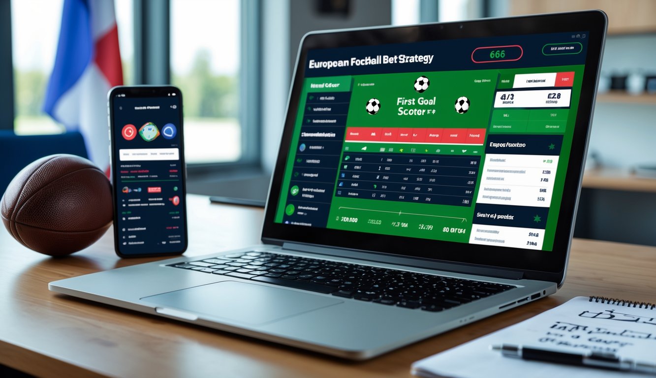 Seorang analis taruhan sepak bola sedang bekerja dengan laptop yang menampilkan statistik dan peluang taruhan, di meja terdapat bola sepak dan catatan strategi.