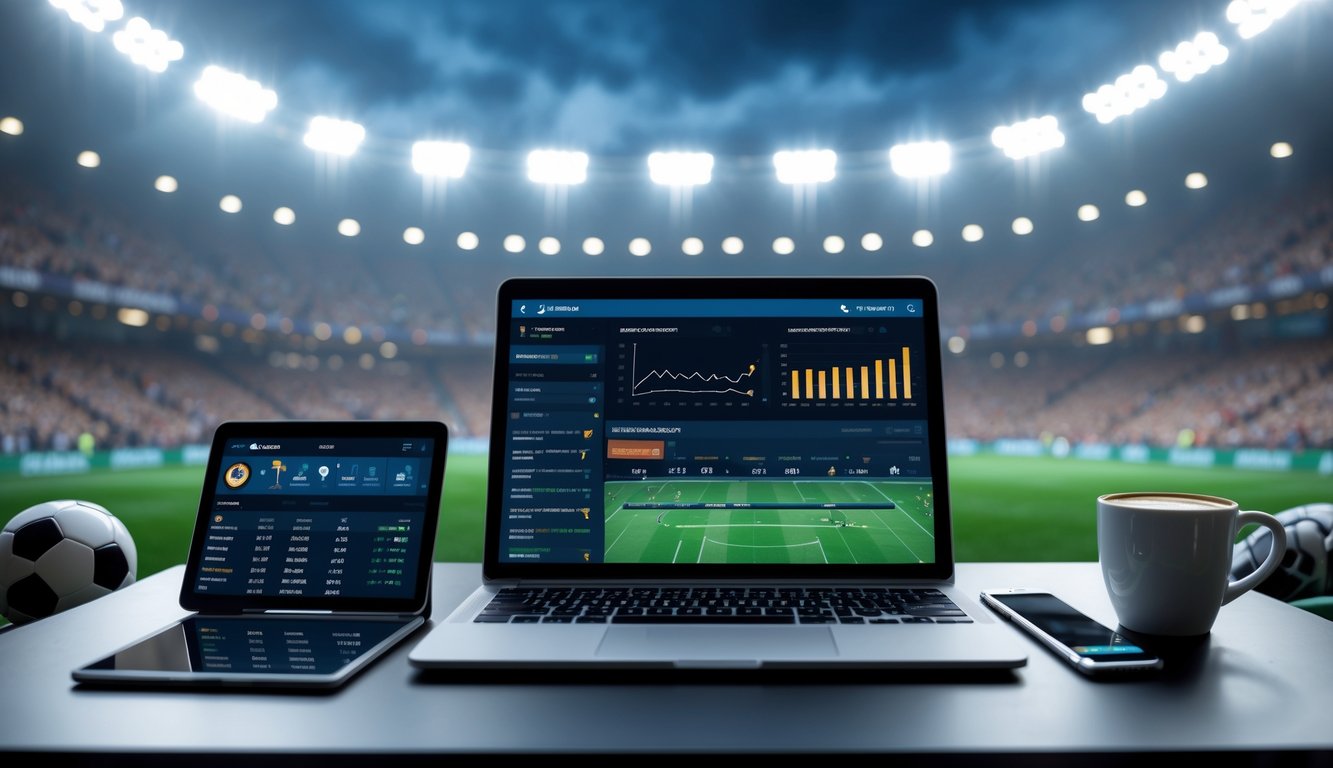 Seorang analis olahraga sedang bekerja di meja dengan perangkat digital yang menampilkan statistik sepak bola dan data pertandingan, di latar belakang stadion sepak bola yang ramai.