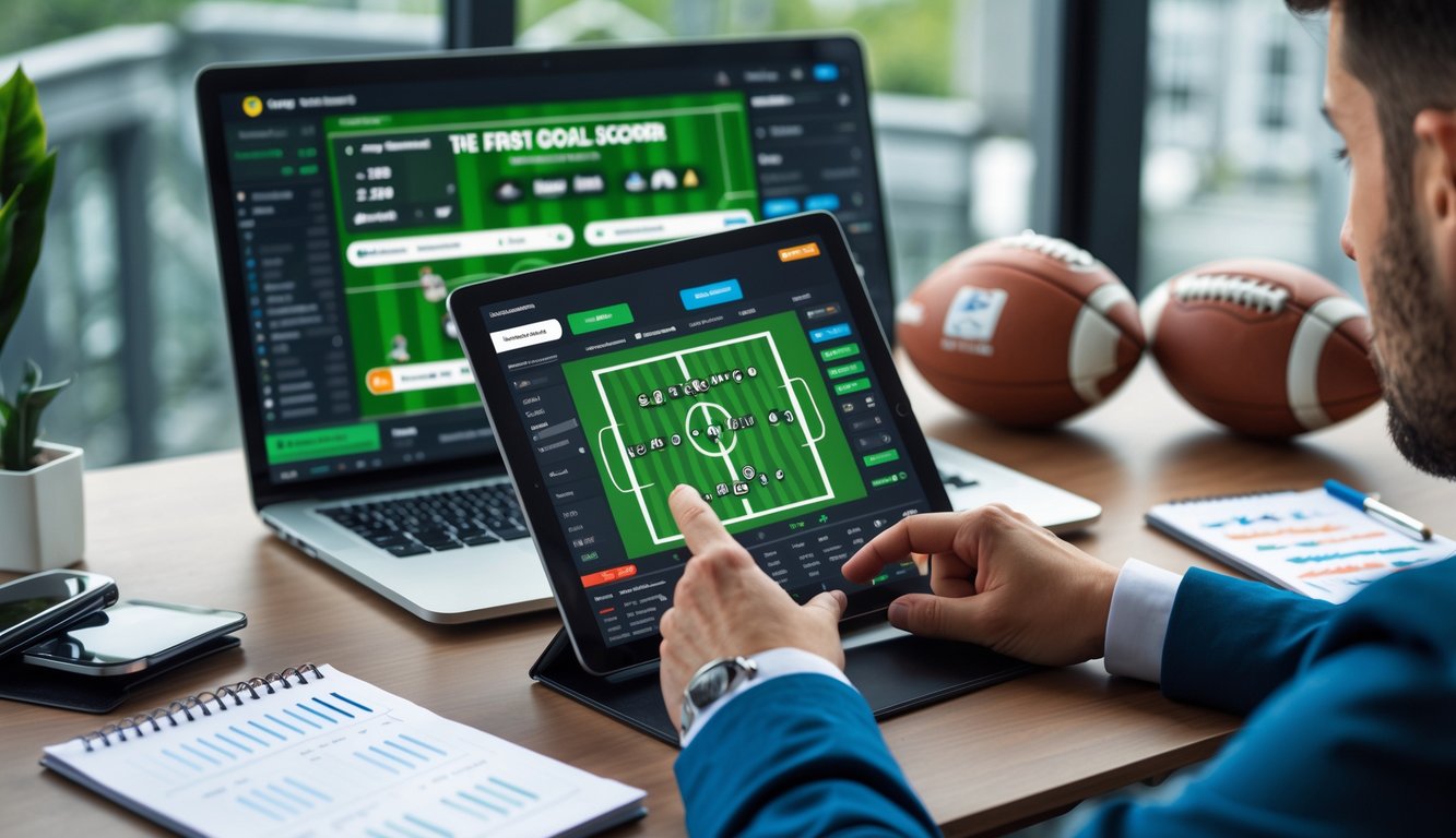 Seorang pria sedang menganalisis data taruhan bola online di depan laptop yang menampilkan pertandingan sepak bola langsung dan statistik taruhan.