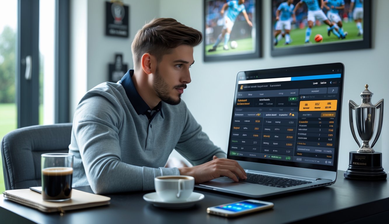 Seorang pria fokus melihat statistik sepak bola di laptop di ruang kerja rumah dengan dekorasi bertema sepak bola.