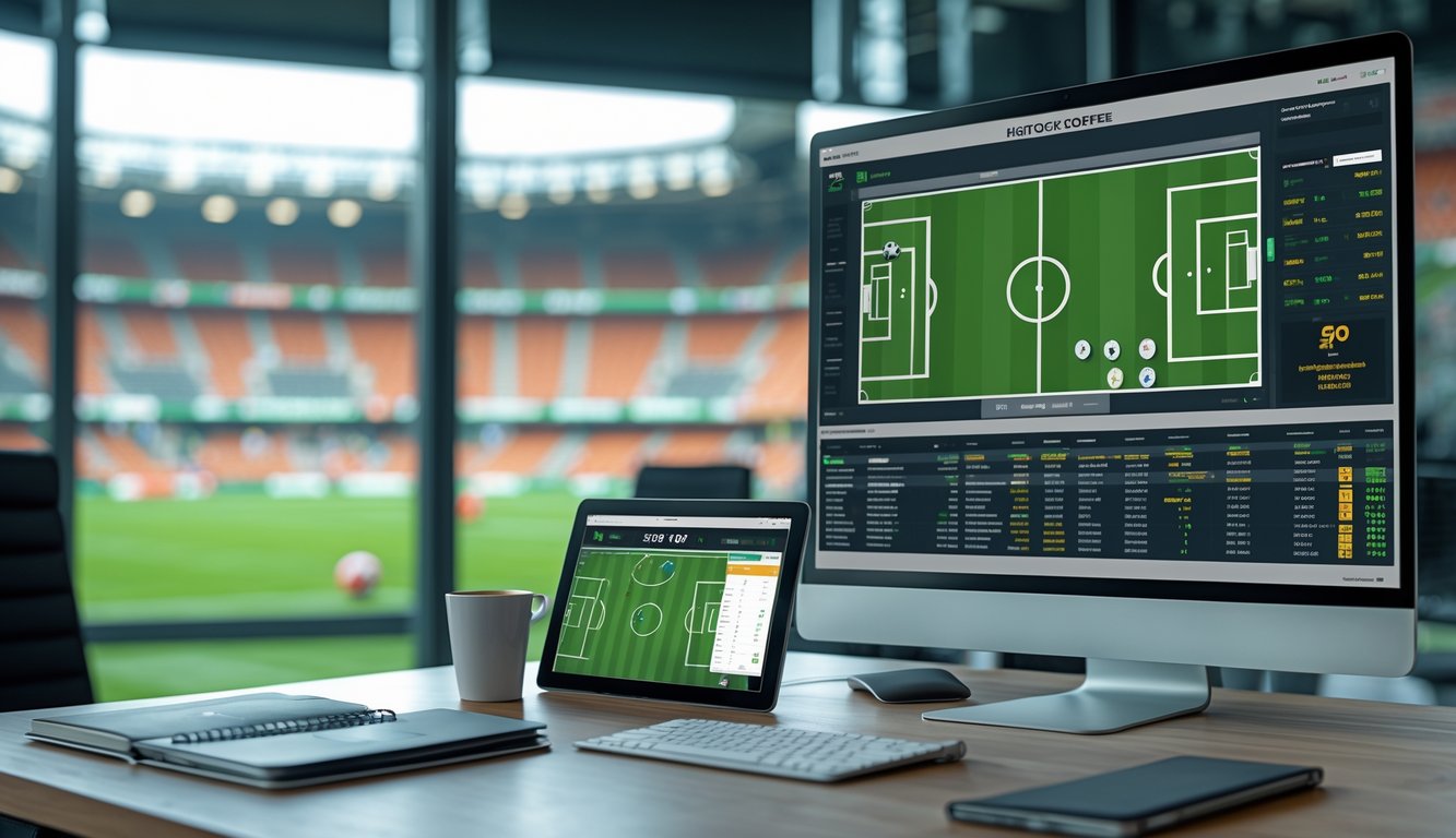 Seorang analis sedang bekerja dengan data statistik pemain sepak bola di depan komputer di ruang kerja modern.