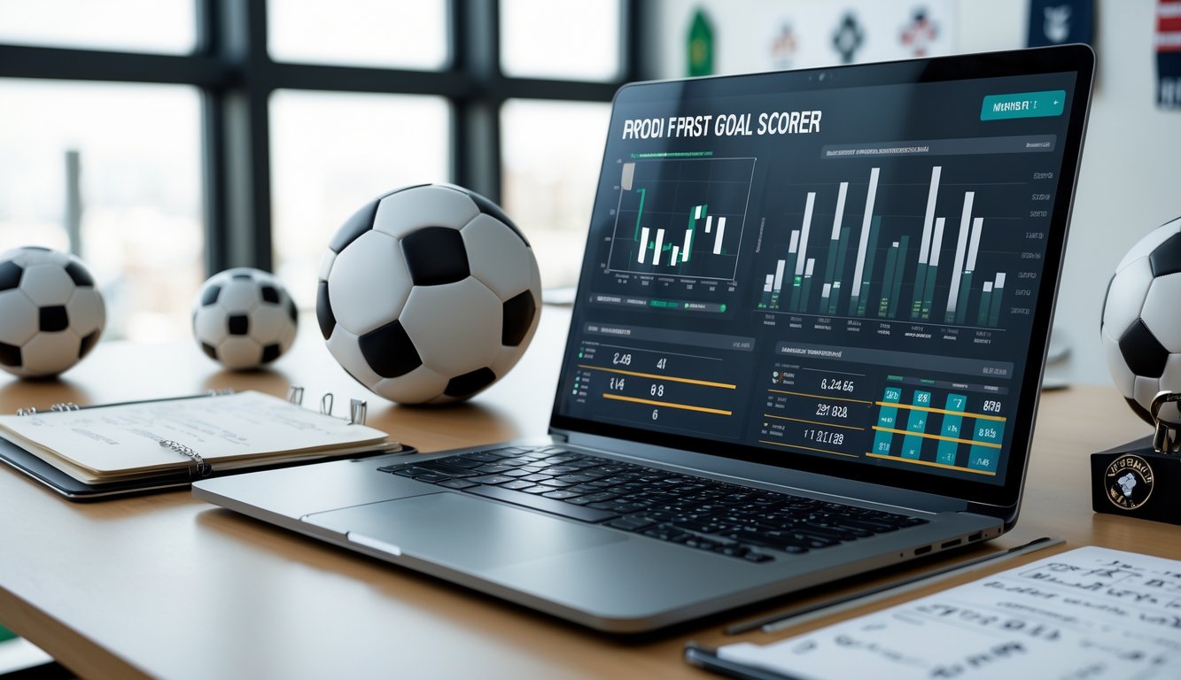 Seorang analis bekerja di meja dengan laptop yang menampilkan statistik pemain sepak bola dan grafik, di sekitar terdapat bola sepak dan clipboard taktik.