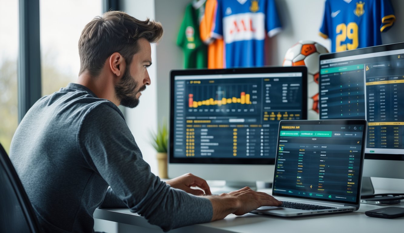 Seorang pria duduk di meja modern sambil menganalisis statistik pertandingan sepak bola di laptop dan layar digital.
