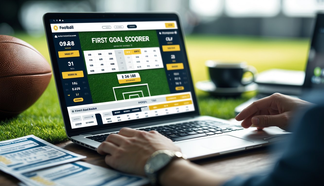 Seorang pria sedang menggunakan laptop dengan layar menampilkan data taruhan sepak bola, dikelilingi bola sepak dan alat taruhan di meja.