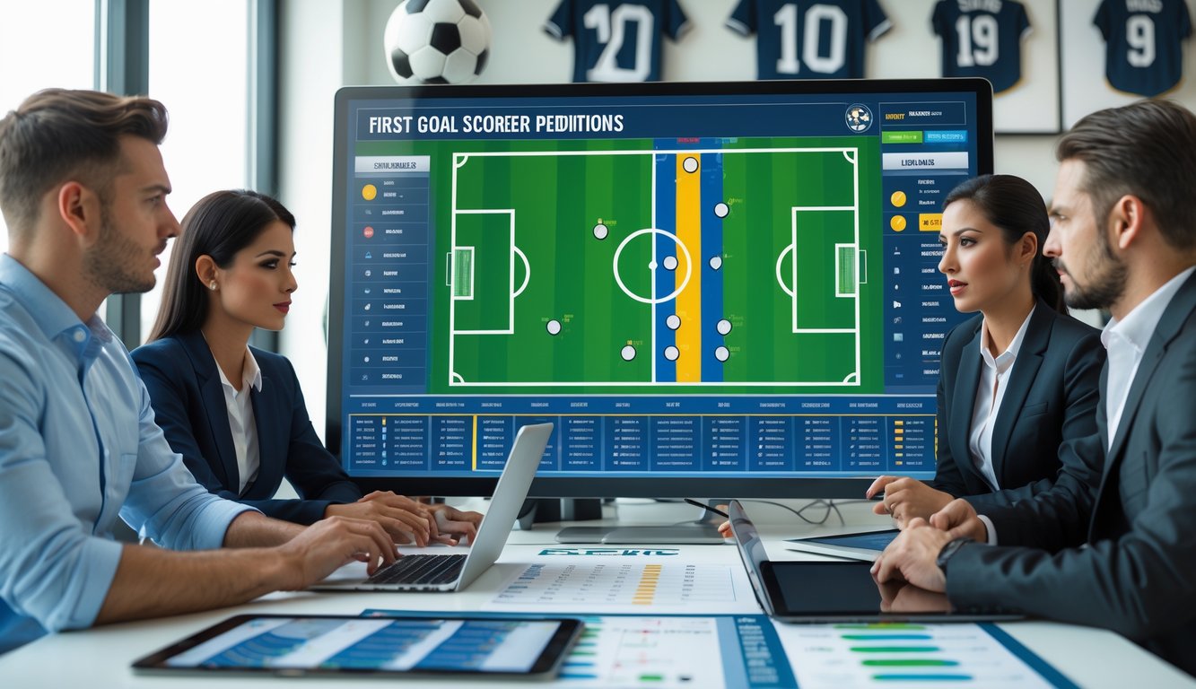 Sekelompok profesional sedang menganalisis formasi tim sepak bola dan strategi taruhan untuk pencetak gol pertama menggunakan layar digital dan perangkat kerja di kantor modern.