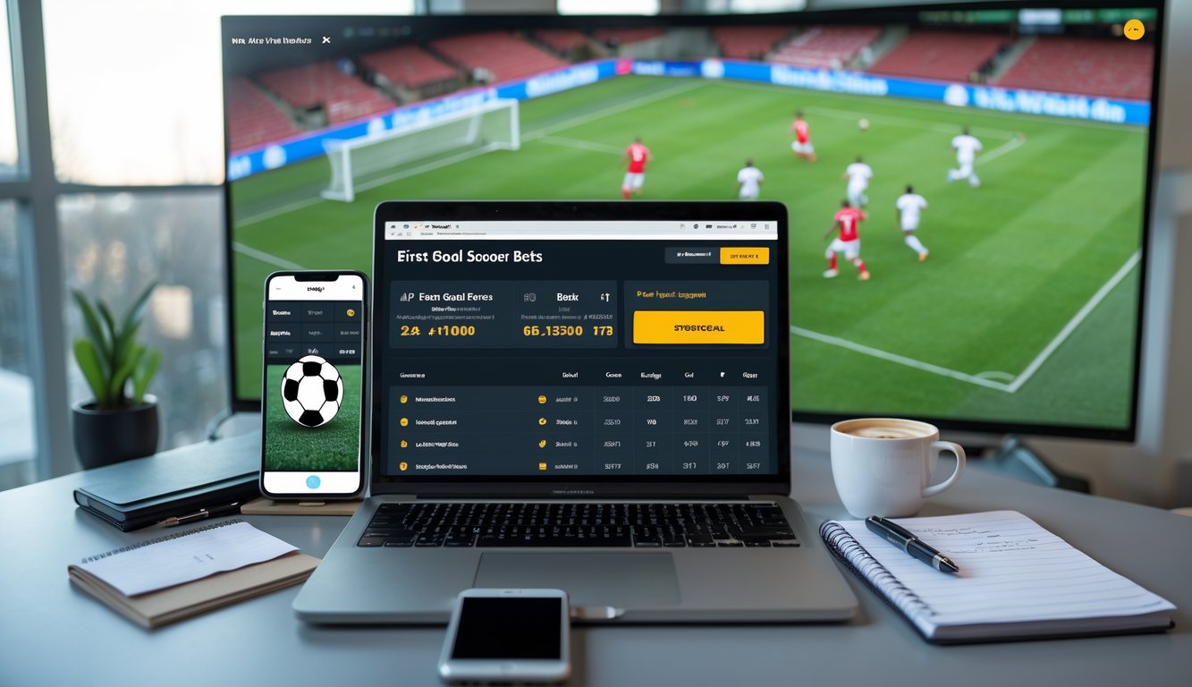 Seorang pria duduk di depan laptop dengan layar menampilkan statistik dan peluang pemain sepak bola untuk taruhan gol pertama, di meja terdapat ponsel, buku catatan, dan secangkir kopi, dengan pertandingan sepak bola yang sedang berlangsung di layar besar di latar belakang.