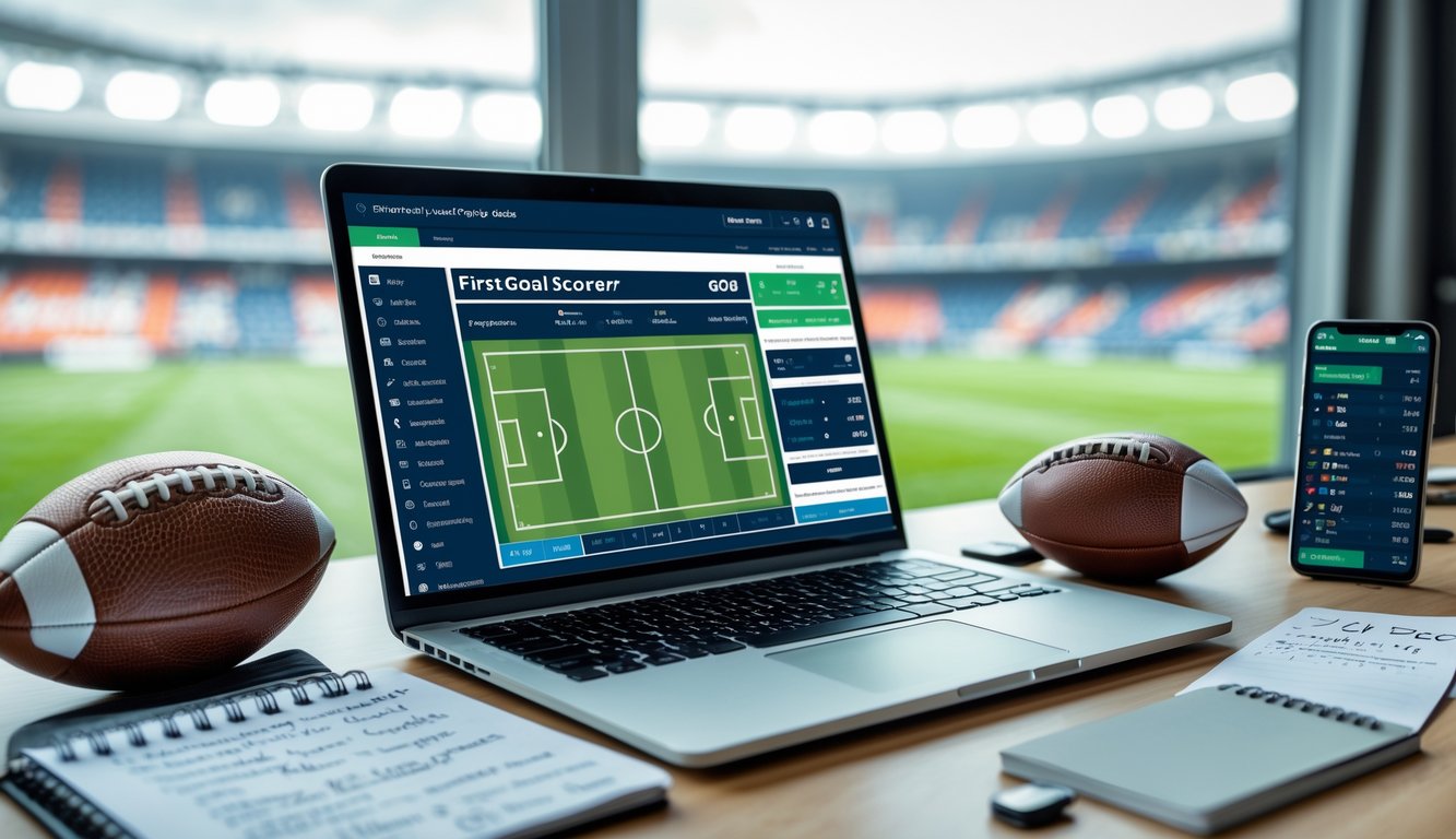 Meja kerja dengan laptop yang menampilkan antarmuka taruhan bola fokus pada pencetak gol pertama, bola sepak, dan ponsel dengan statistik pertandingan.