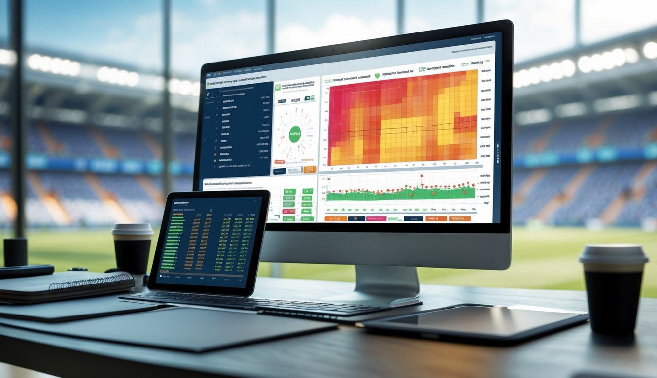 Seorang analis olahraga sedang melihat data pemain sepak bola di layar komputer dengan grafik dan statistik, di meja ada catatan dan tablet, latar belakang stadion sepak bola terlihat samar.