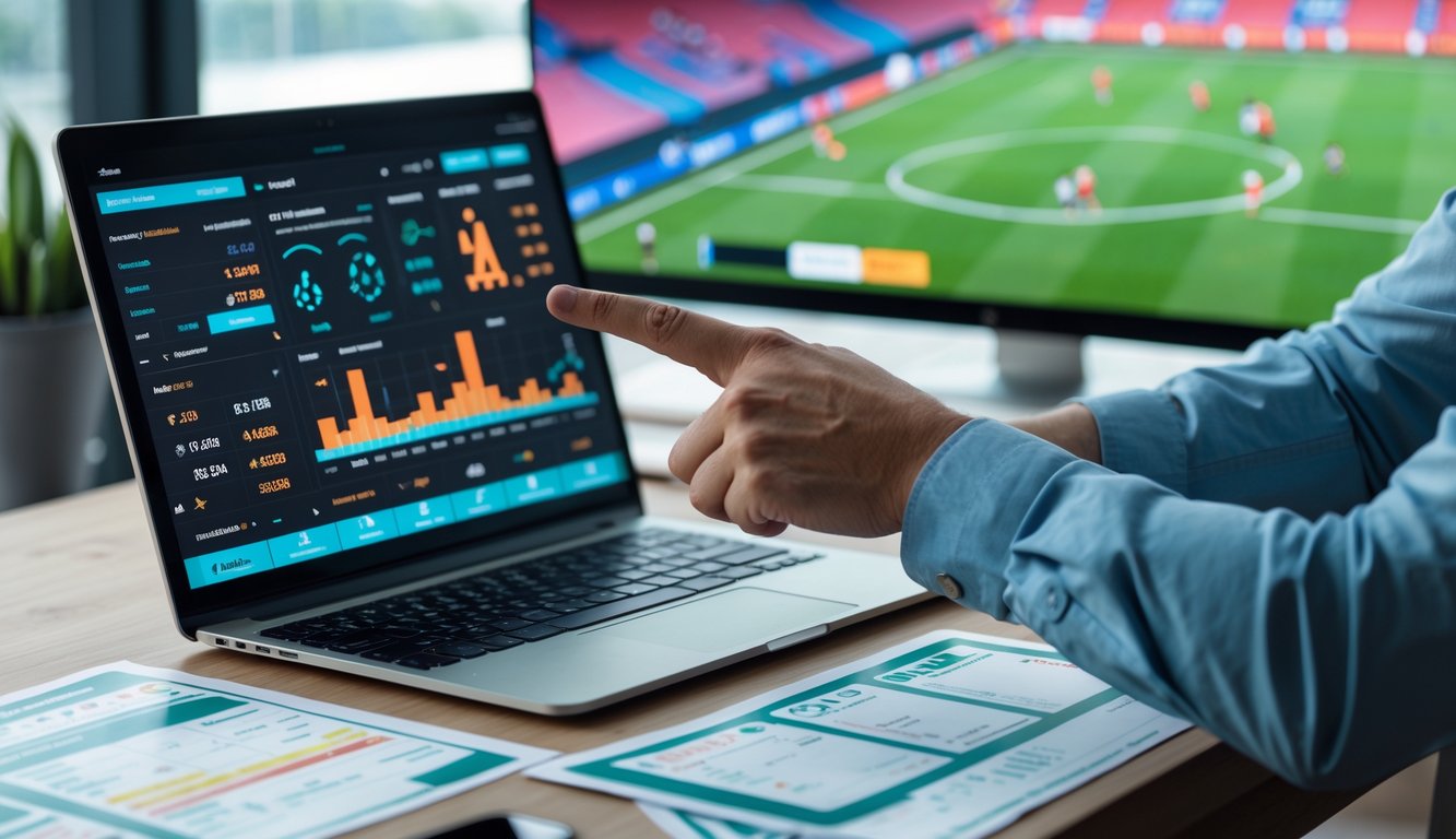 Sebuah meja kerja dengan laptop menampilkan statistik pemain sepak bola dan grafik, serta tangan menunjuk layar laptop, menggambarkan analisis data untuk taruhan pencetak gol pertama.