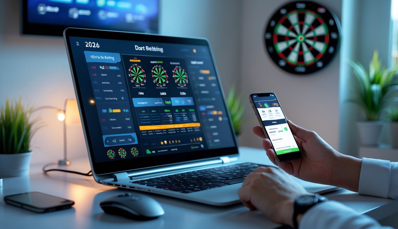 Seorang pengguna sedang menggunakan komputer dan ponsel untuk bertaruh dart online dengan papan dart di latar belakang.