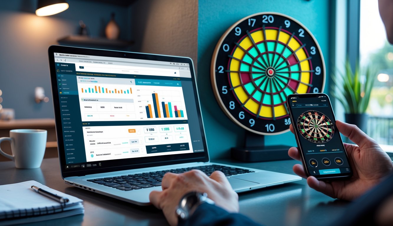 Meja kerja dengan laptop menampilkan situs taruhan dart online, papan dart digital di dinding, dan tangan memegang ponsel yang menampilkan pertandingan dart langsung.