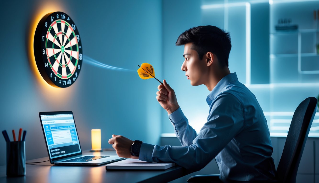 Seorang pria muda fokus melempar dart ke papan dart di sebuah ruangan permainan modern dengan laptop dan catatan di meja.
