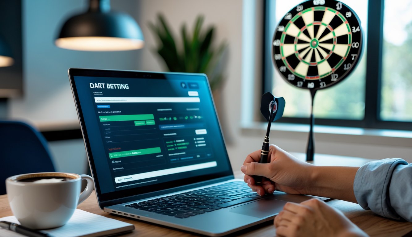 Seorang pria duduk di meja kerja dengan laptop yang menampilkan platform taruhan dart online, tangan memegang dart siap dilempar, dengan papan dart di latar belakang.