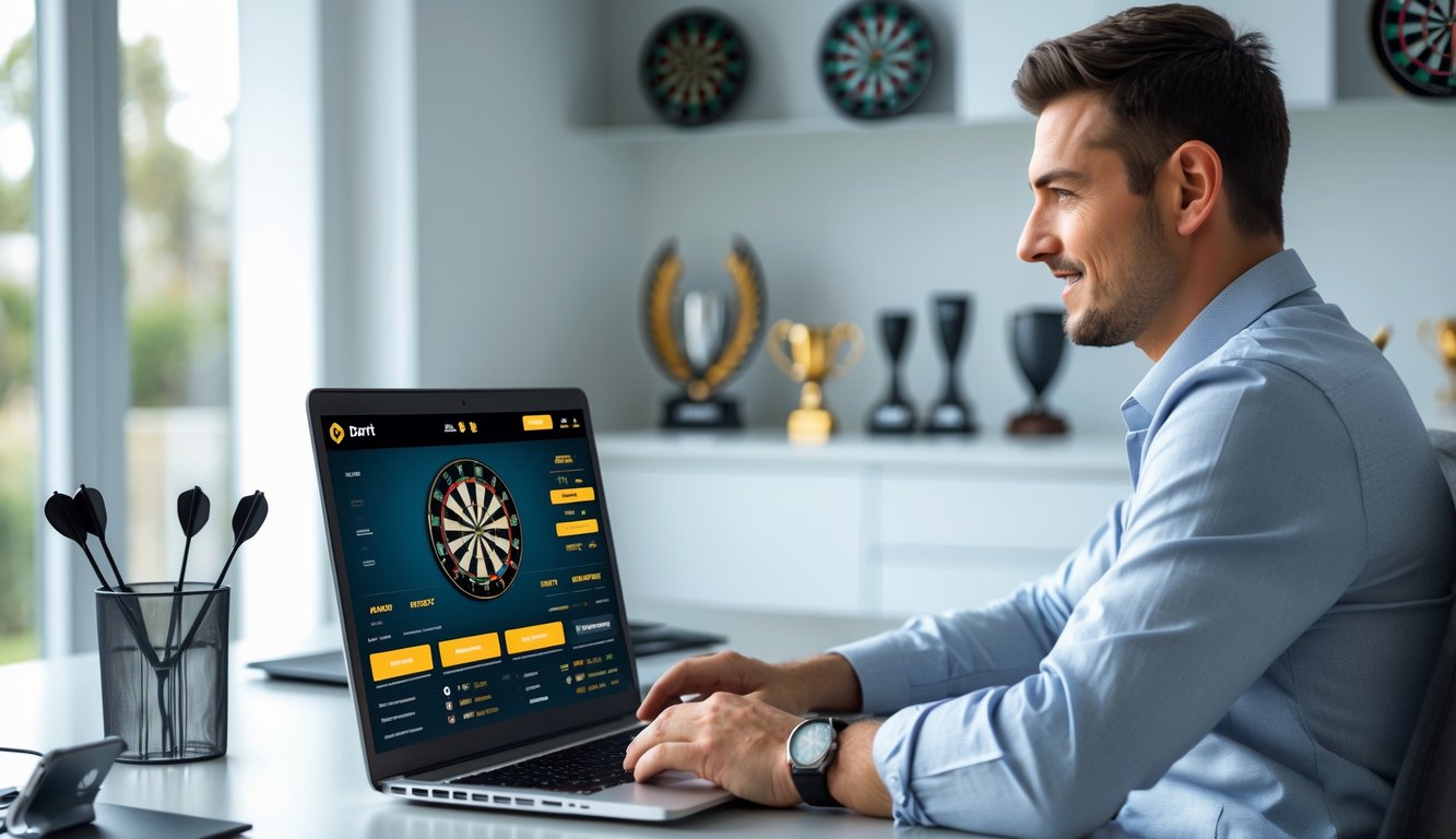 Seorang pria muda duduk di meja dengan laptop, fokus pada layar yang menampilkan papan dart dan antarmuka taruhan online, di ruang kerja modern dengan dekorasi bertema olahraga.