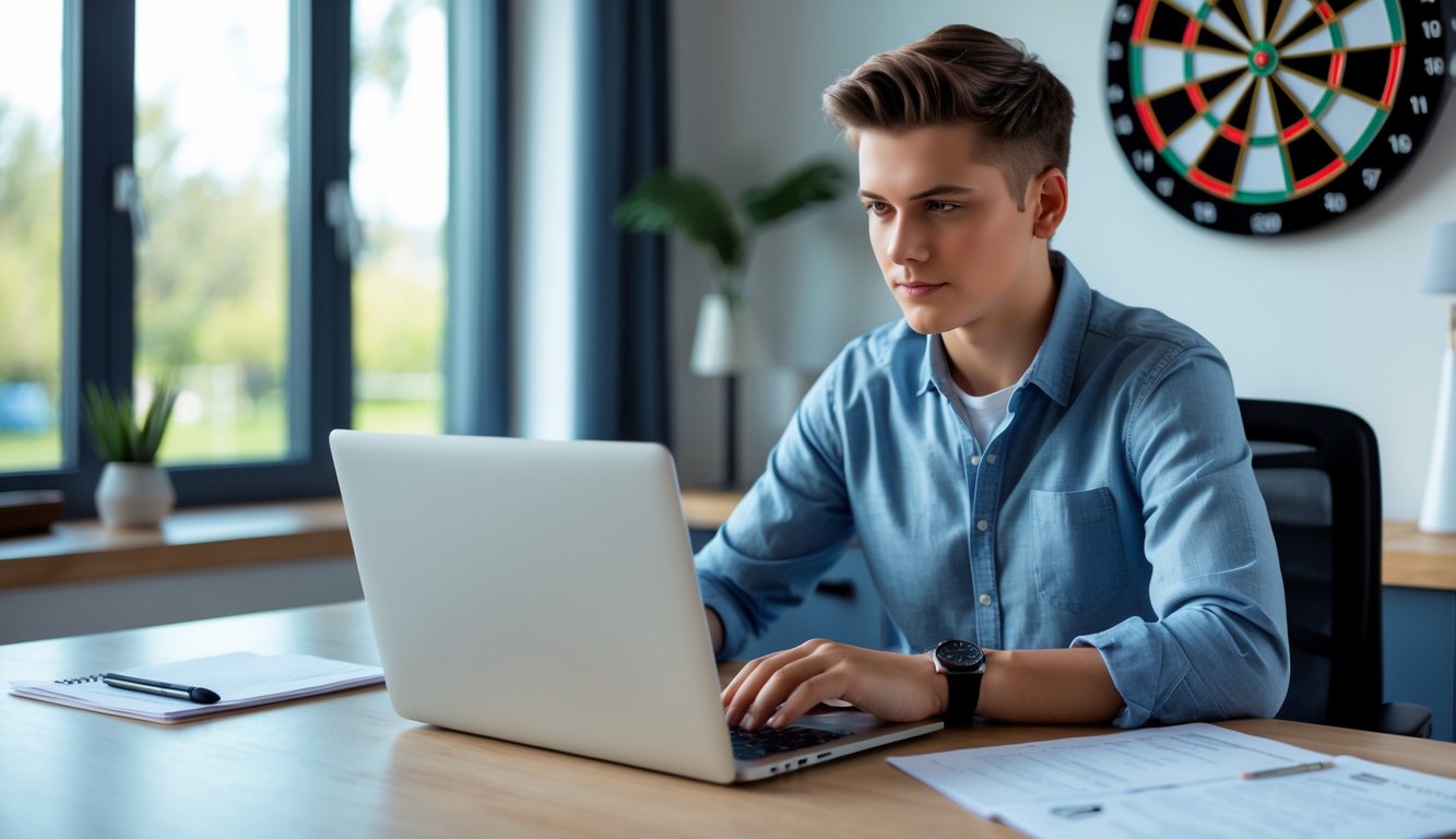 Seorang dewasa muda sedang menggunakan laptop di meja kerja modern dengan papan dart di latar belakang.