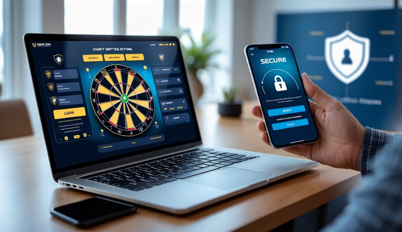 Seseorang menggunakan laptop dan smartphone untuk taruhan dart online dengan simbol keamanan dan lingkungan kerja yang rapi.