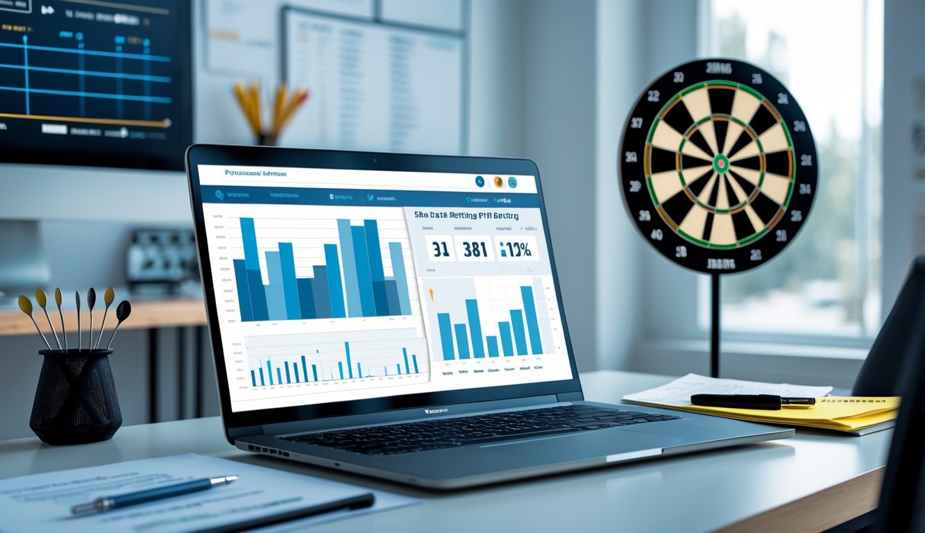 Meja kerja modern dengan laptop yang menampilkan grafik statistik dan papan dart dengan beberapa anak panah tertancap, menunjukkan analisis taruhan dart online.