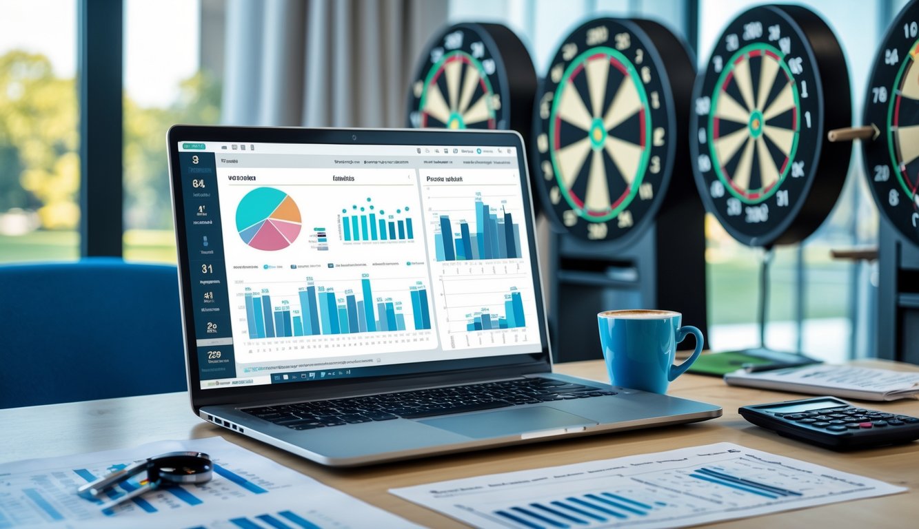 Meja kerja dengan laptop yang menampilkan grafik statistik dan papan dart di latar belakang.