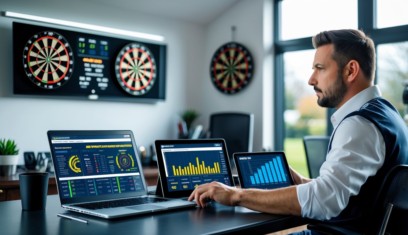 Seorang pria fokus duduk di meja dengan perangkat digital menampilkan statistik dan peluang taruhan dart online, di ruang kerja modern dengan papan dart di dinding.