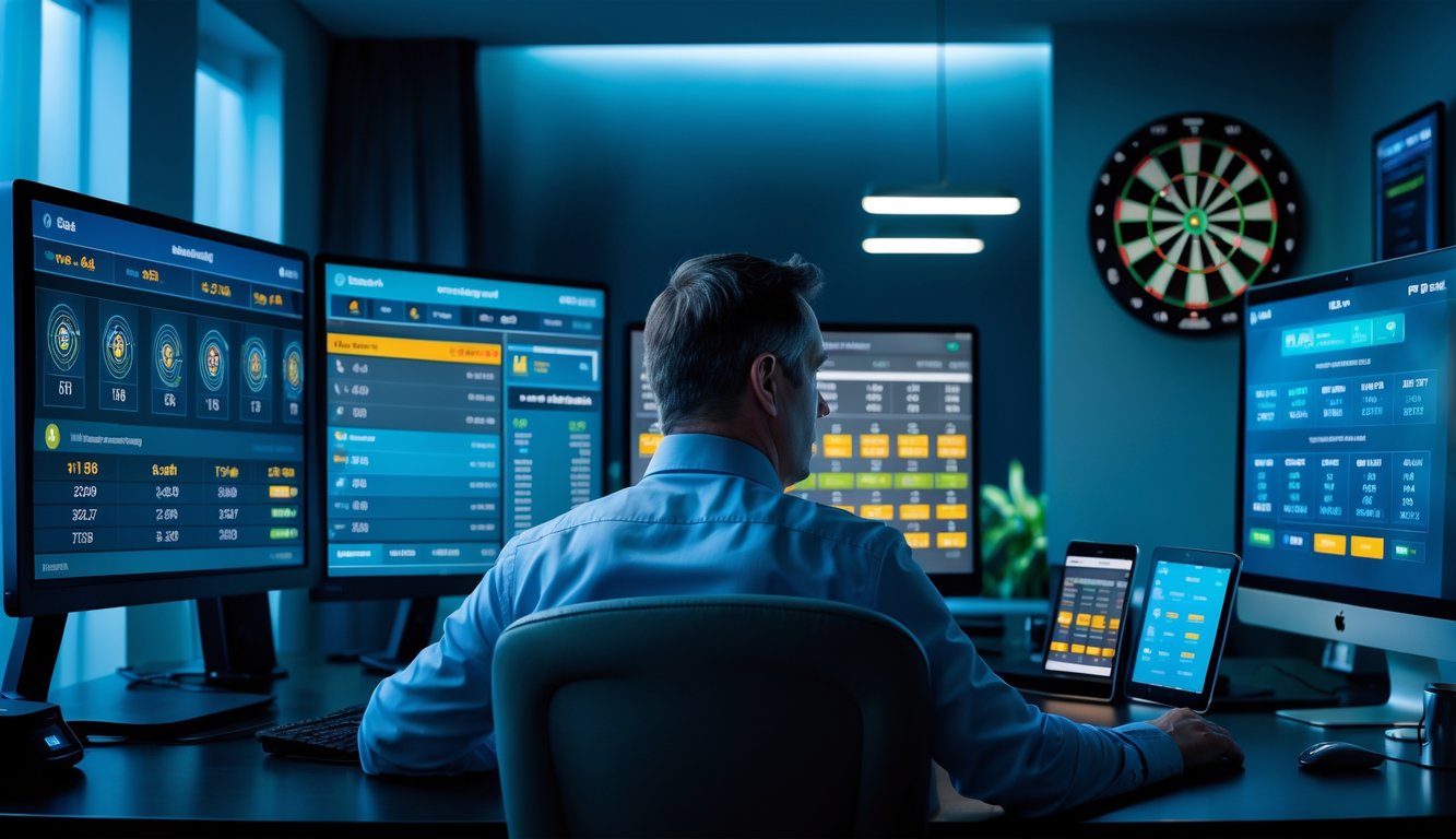 Seorang pria dewasa sedang duduk di depan beberapa layar komputer yang menampilkan statistik dart dan peluang taruhan, dengan papan dart di latar belakang.