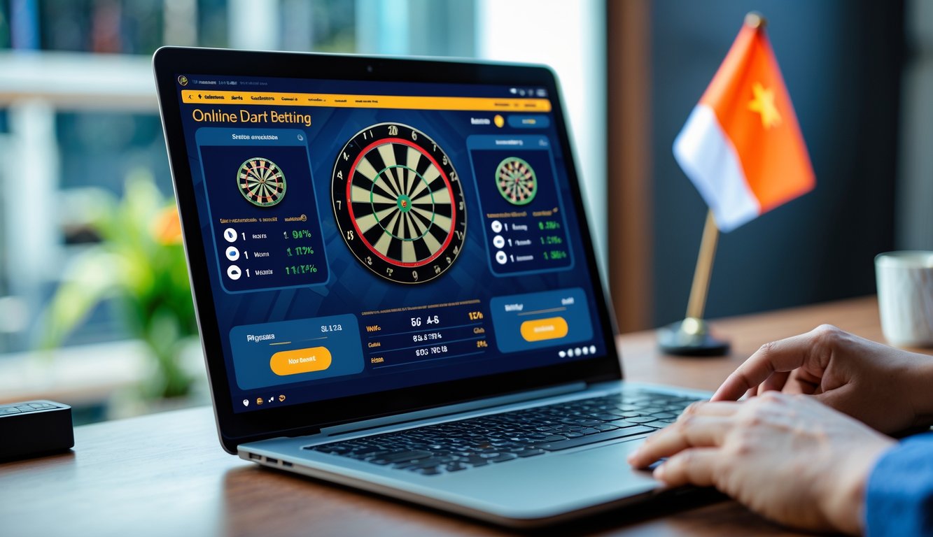 Seseorang menggunakan laptop untuk memasang taruhan dart online dengan latar belakang elemen budaya Indonesia.