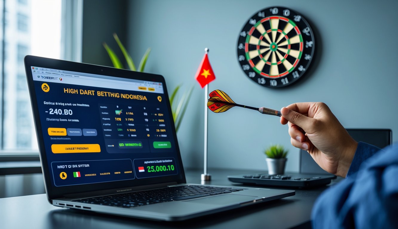 Seseorang sedang memegang dart di depan papan dart dengan laptop yang menampilkan situs taruhan dart online di meja.