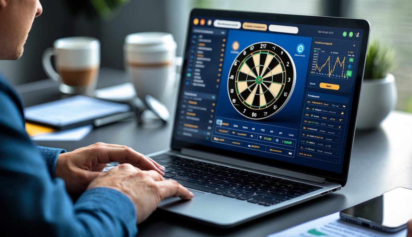 Seseorang menggunakan laptop di meja kerja dengan layar menampilkan papan dart dan grafik taruhan, di samping ponsel dan secangkir kopi.