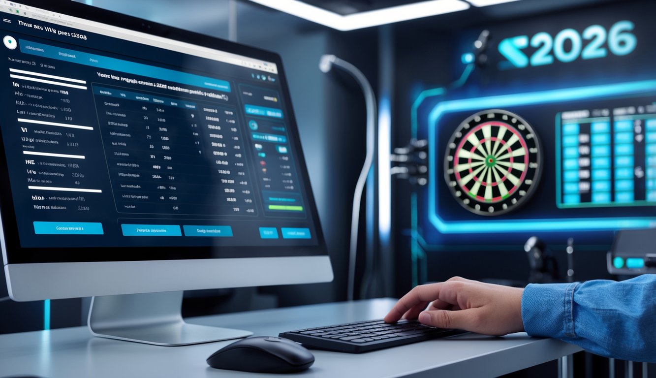 Seseorang sedang menggunakan komputer untuk memasang taruhan dart online dengan papan dart digital di latar belakang.
