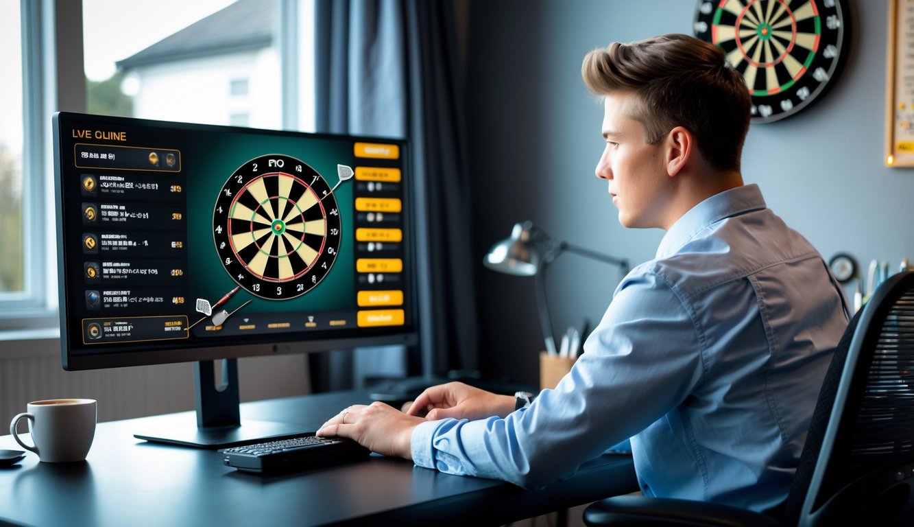 Seorang dewasa muda sedang duduk di depan komputer dengan tampilan permainan dart langsung dan taruhan online di layar.
