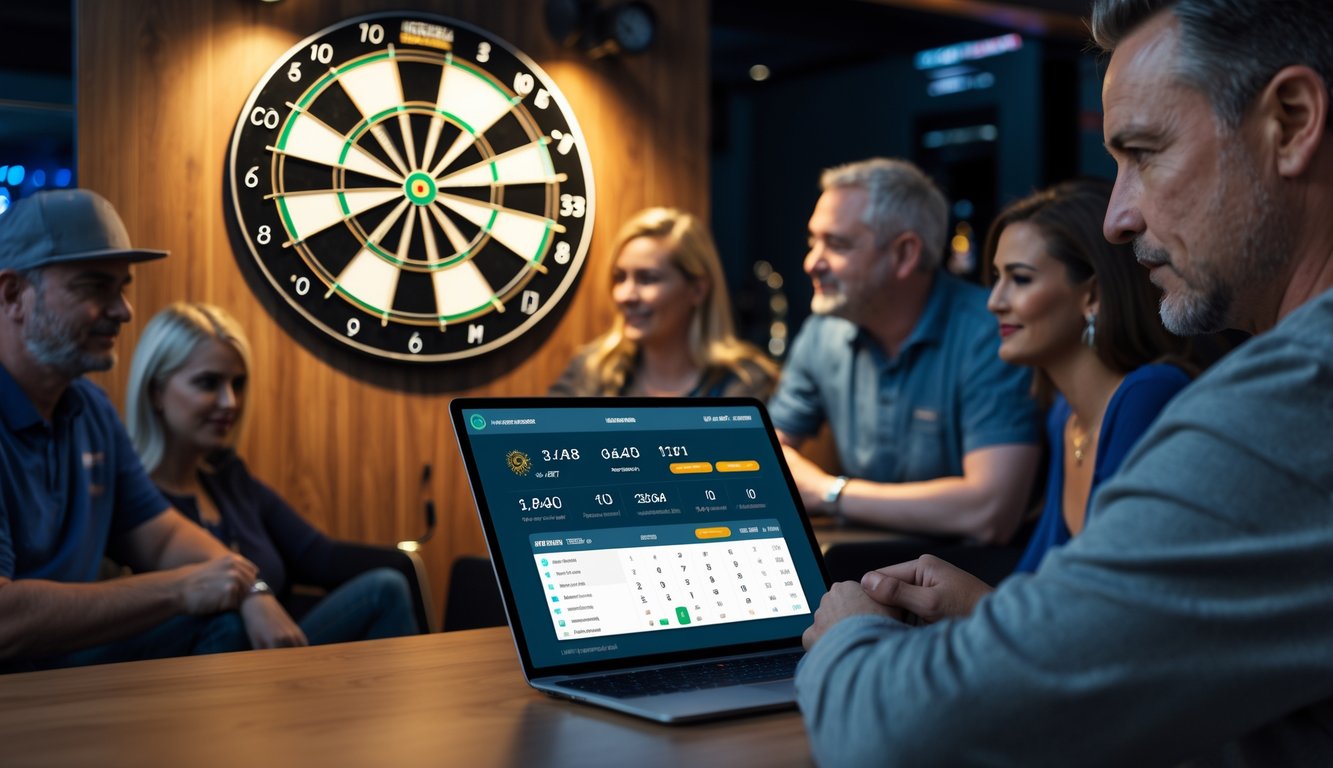 Orang-orang sedang bermain dart dan melihat layar perangkat elektronik yang menampilkan taruhan langsung pada pertandingan dart.