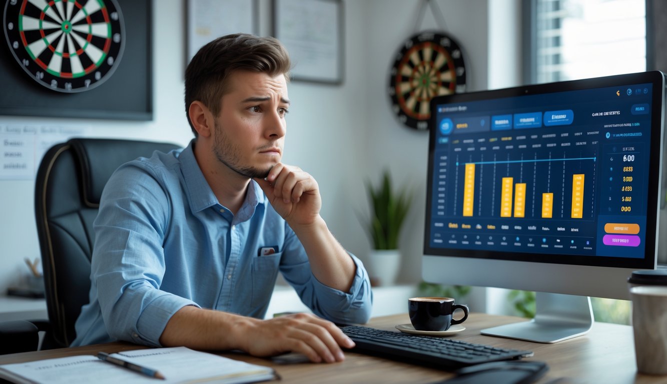 Seorang pria muda duduk di depan komputer dengan tampilan permainan dart online, terlihat fokus dan berpikir, di ruangan kerja rumah dengan papan dart di dinding.