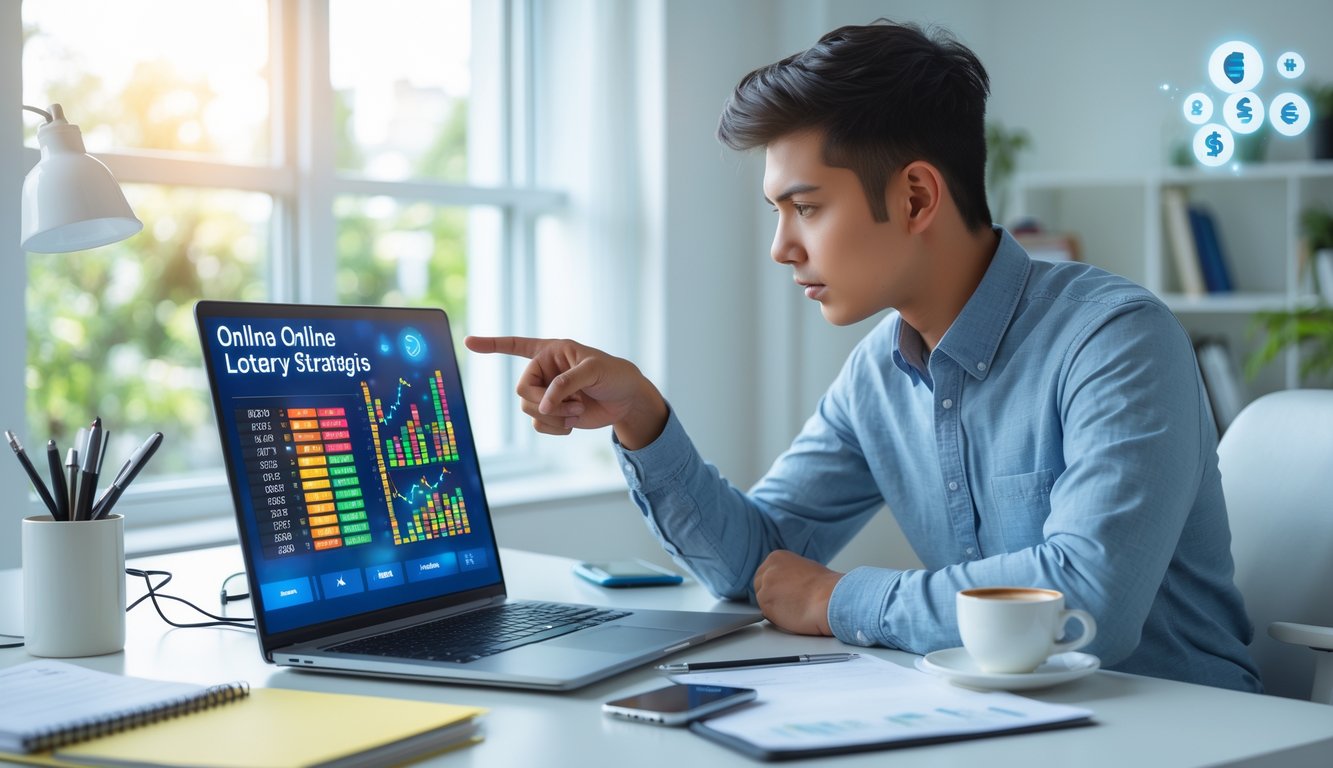 Seseorang duduk di meja kerja dengan laptop dan ponsel, menganalisis data dan grafik terkait strategi togel online.