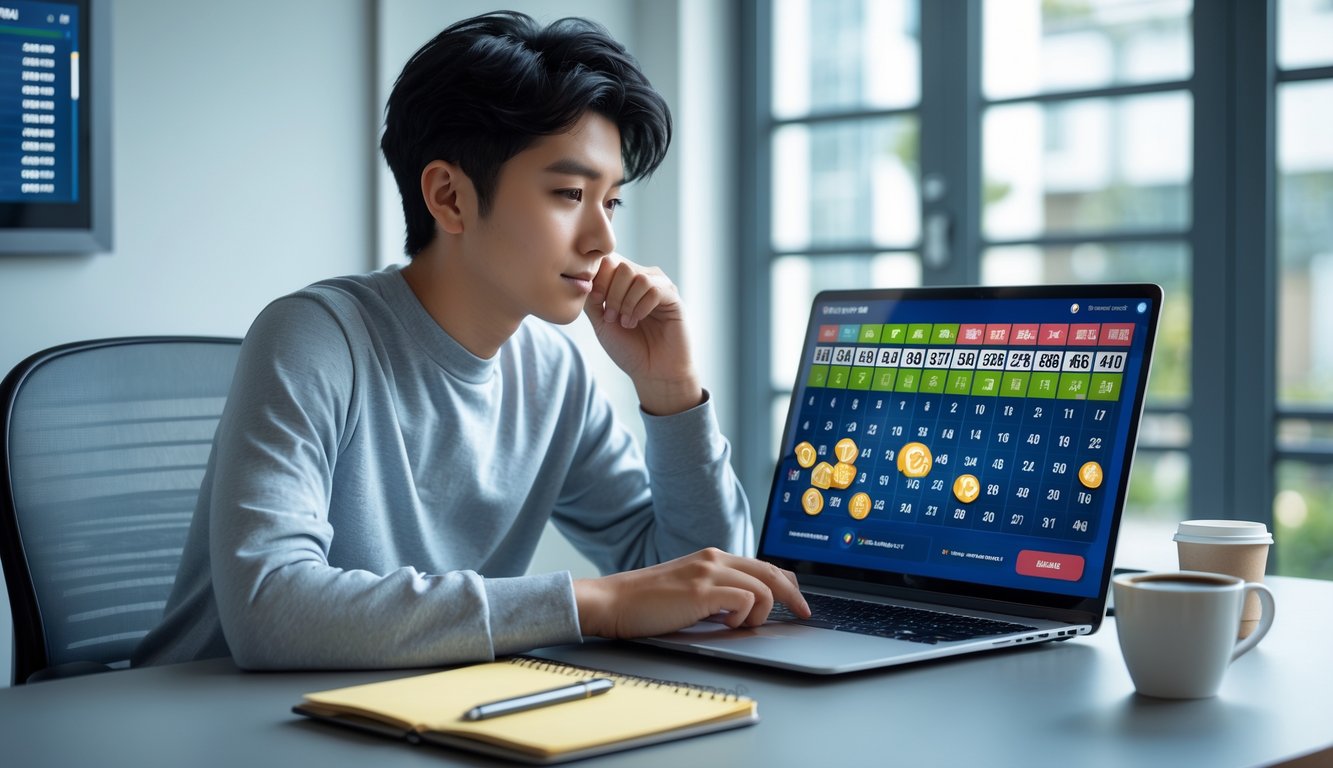 Seorang dewasa muda duduk di meja dengan laptop, mencatat dan fokus bermain permainan togel online di ruangan yang terang.