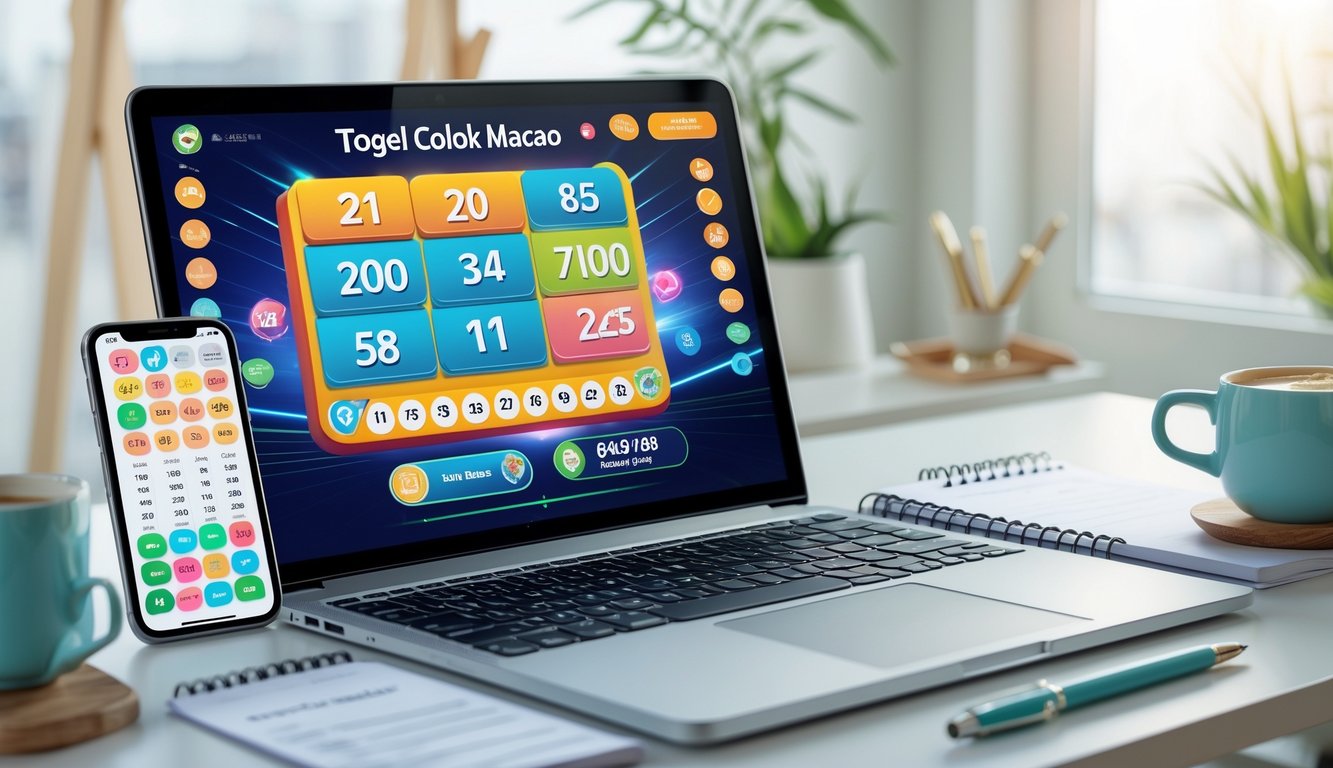 Seorang pengguna sedang mengakses permainan togel Colok Macao secara online di laptop di ruang kerja yang rapi dengan secangkir kopi dan smartphone di dekatnya.