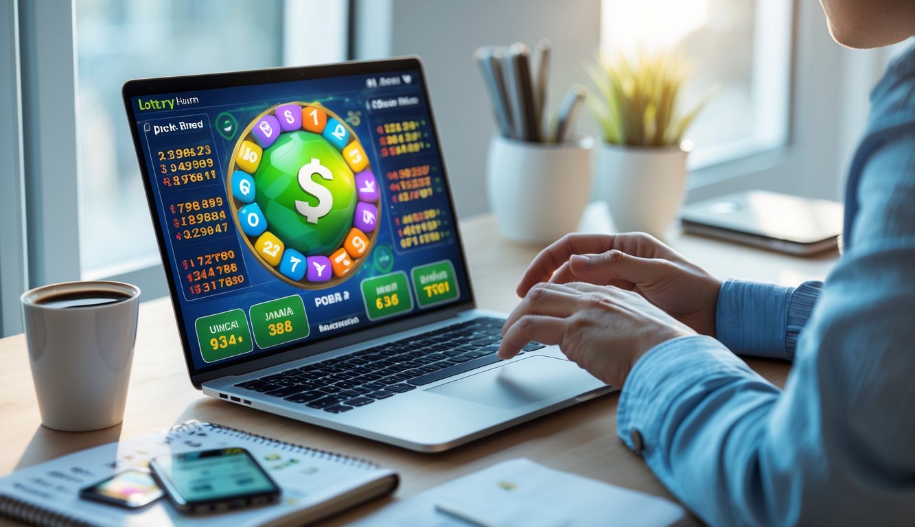 Seseorang menggunakan laptop di meja kerja dengan layar menampilkan permainan togel online, dikelilingi oleh kopi, buku catatan, dan ponsel.