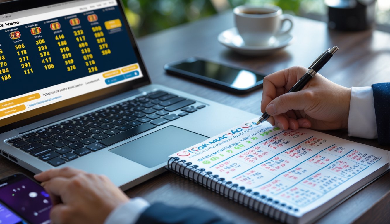 Seseorang duduk di meja kerja dengan laptop yang menampilkan situs taruhan togel, mencatat strategi dan angka di buku catatan.