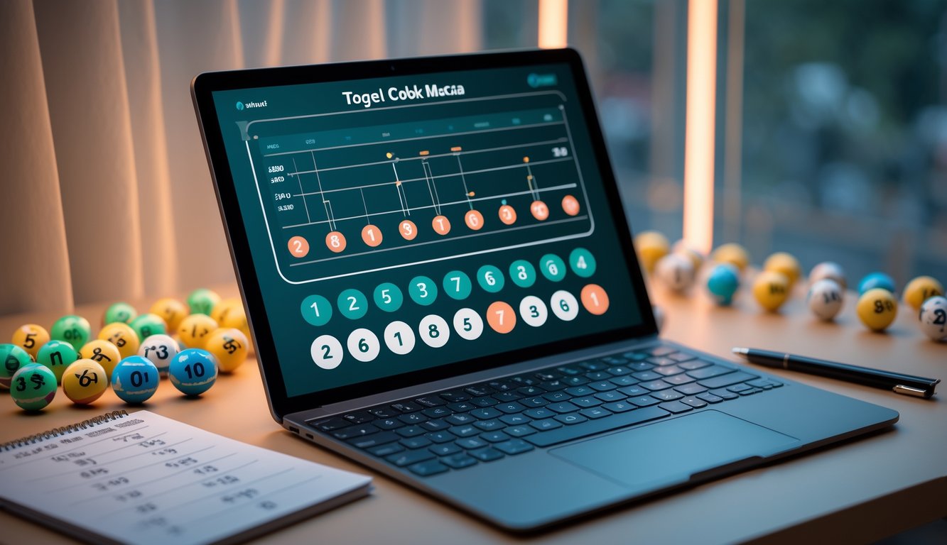 Seorang individu menggunakan laptop dengan bola lotere dan catatan di meja, menggambarkan aktivitas permainan togel online.
