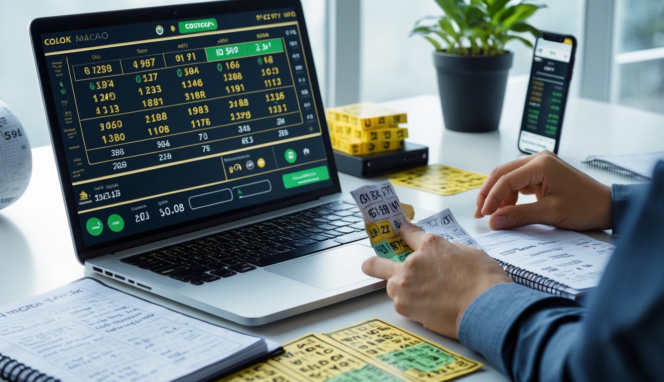 Meja kerja dengan laptop, tiket togel, dan ponsel yang menampilkan aplikasi taruhan, dengan tangan seseorang sedang menggunakan perangkat tersebut.