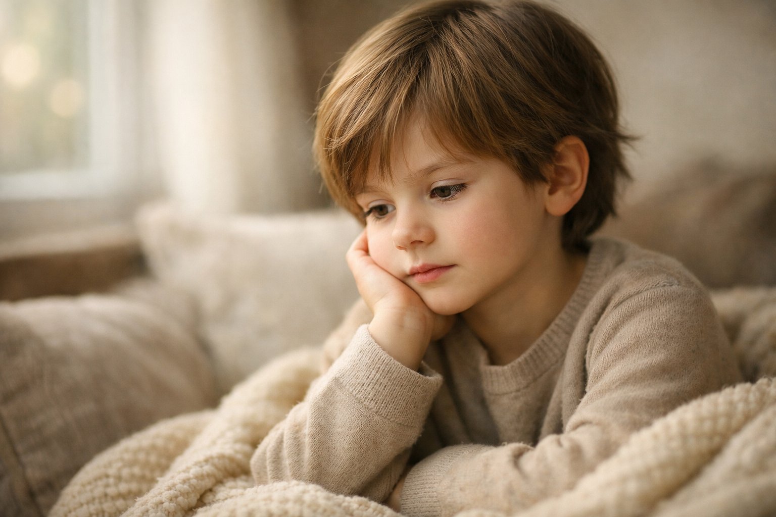 Dijete koje sjedi mirno u toplom, ugodnom prostoru s promišljenim izrazom lica.