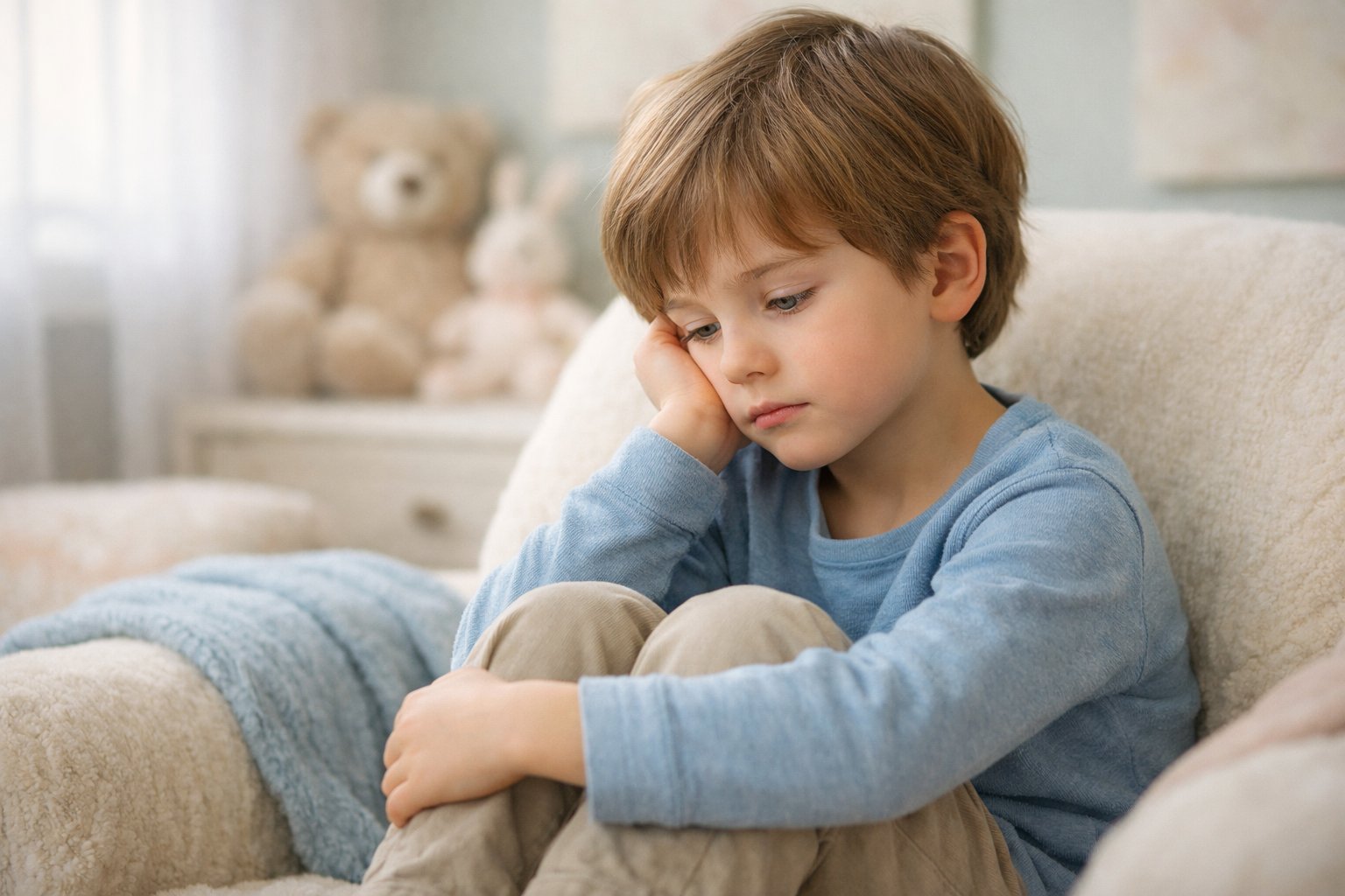 Dijete koje sjedi mirno u udobnoj sobi s igračkama i mekanim jastucima.