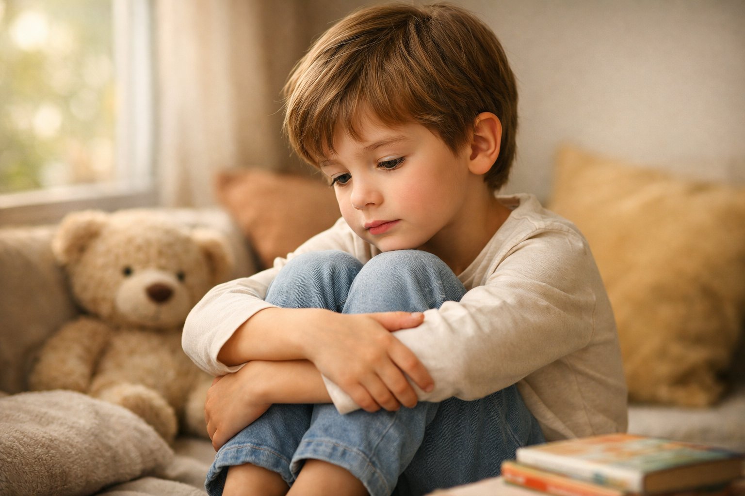 Osjetljivo dijete sjedi u ugodnoj sobi s nježnim izrazom lica.